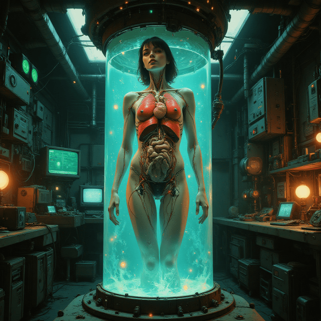 AI generated: (Primary Subject: Woman, Transparent Body, Internal Organs Visible, 1.6 weight), suspended mid-air w...