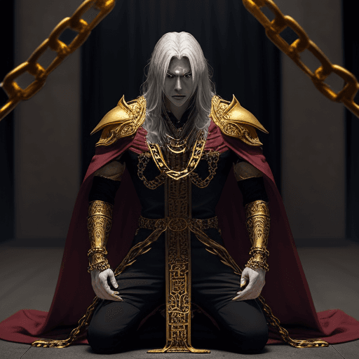 AI generated: Create a visually captivating anime scene featuring a powerful vampire king, restrained by intricate...