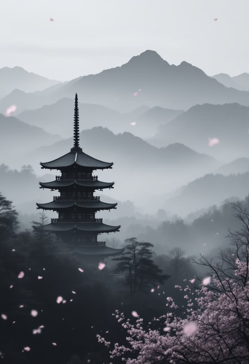 AI generated: A traditional Japanese pagoda standing in a misty mountainous landscape, mid-range cinematic shot, b...