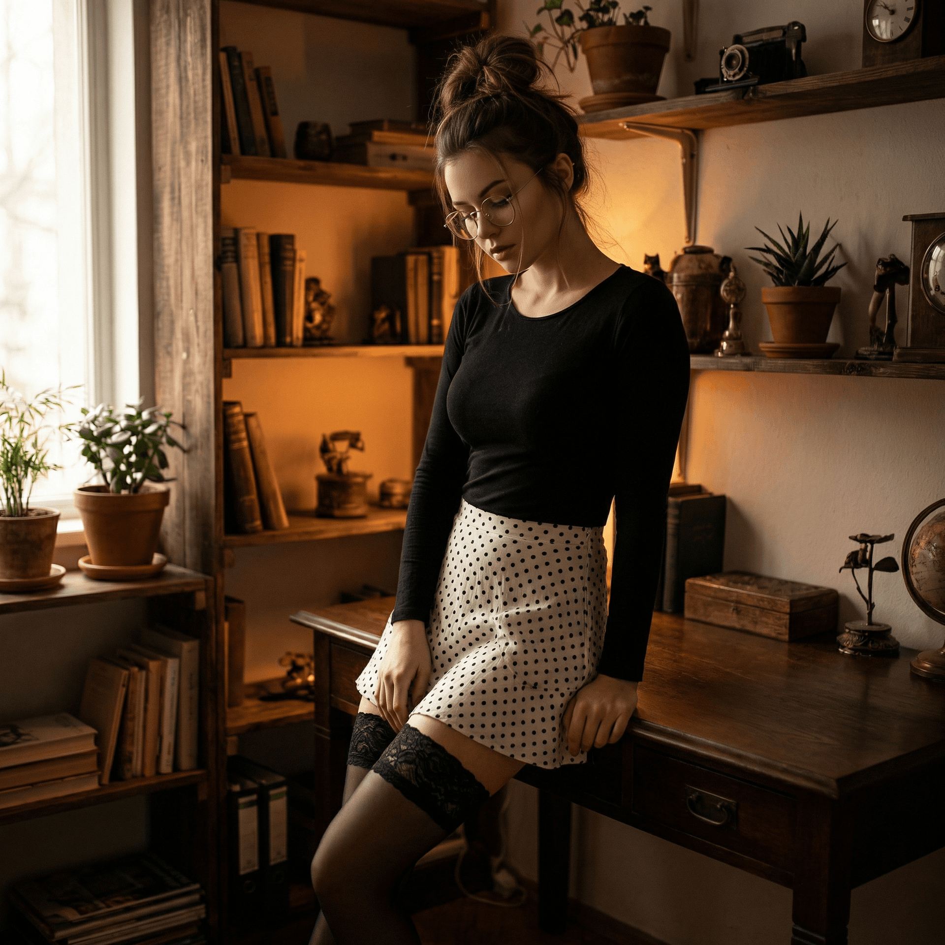 AI generated: A portrait of a woman in a provocative pose, set against a backdrop of a room with wooden shelves an...