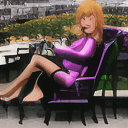 AI generated: beautiful stylish french woman, short skirt, sitting in a chair, strappy high-heels, sidewalk cafe, ...