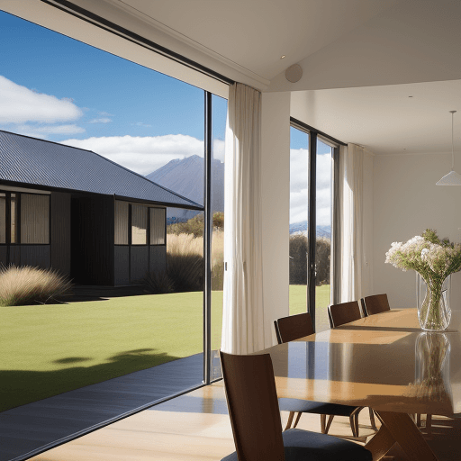 AI generated: lark architects reflect house in new zealand,sunny day, in the style of light reflections, happy atm...