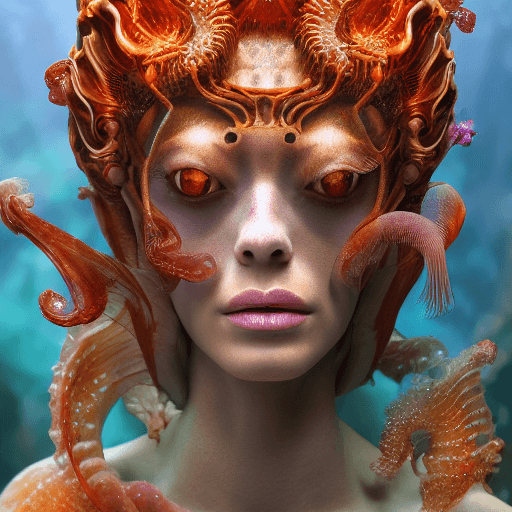 AI generated: Goddess close-up portrait ribcagel. jellyfish phoenix head, nautilus, orchid, skull, betta fish, bio...