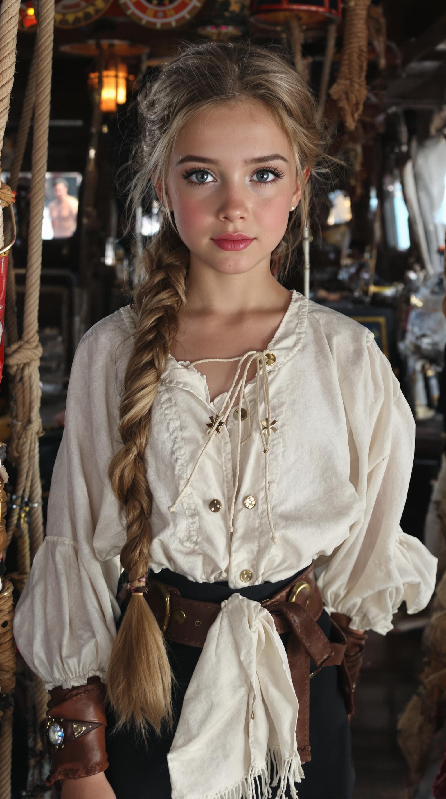 AI generated: a professional photo of a exceptionally beautiful girl aboard pirate ship at sea (age 11), (eleven y...