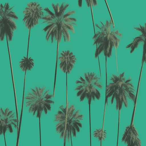 AI generated: A variation of a palm tree depicted in a classic screen-print (silkscreen) style, featuring bold, cl...