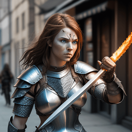 AI generated: warrior woman in chainmail armour weilding a flaming sword. She is a fierce warrior on the battlefie...