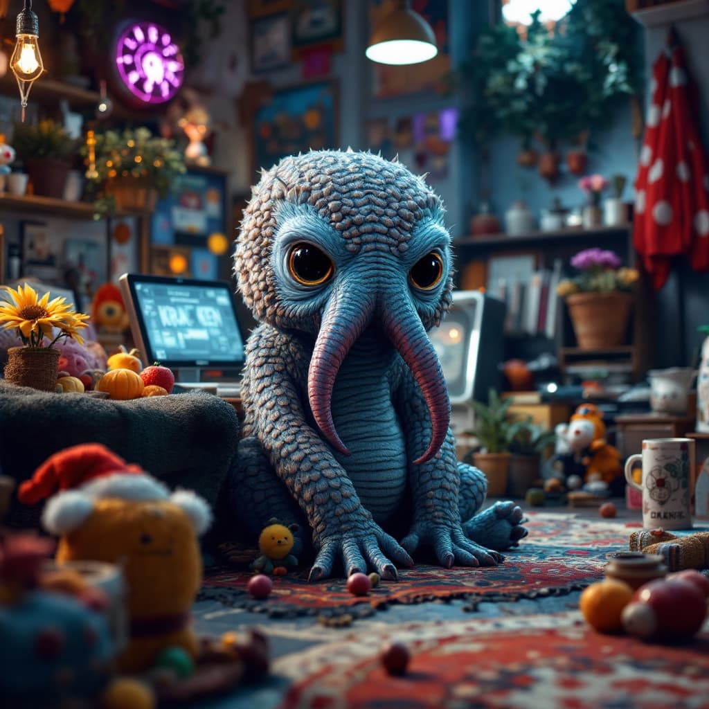AI generated:  Изображение. Маленький осьминожек сидит у рулетной доски с подписью KRAKEN для игр в комнате украше...