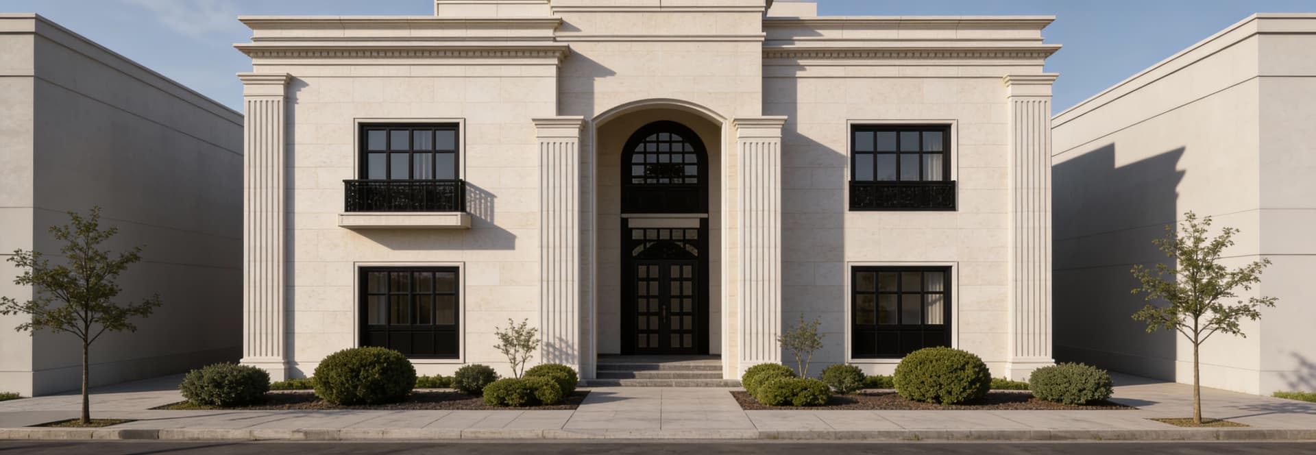 AI generated: Luxury modern neoclassical villa facade, two-story residential building, symmetrical front elevation...
