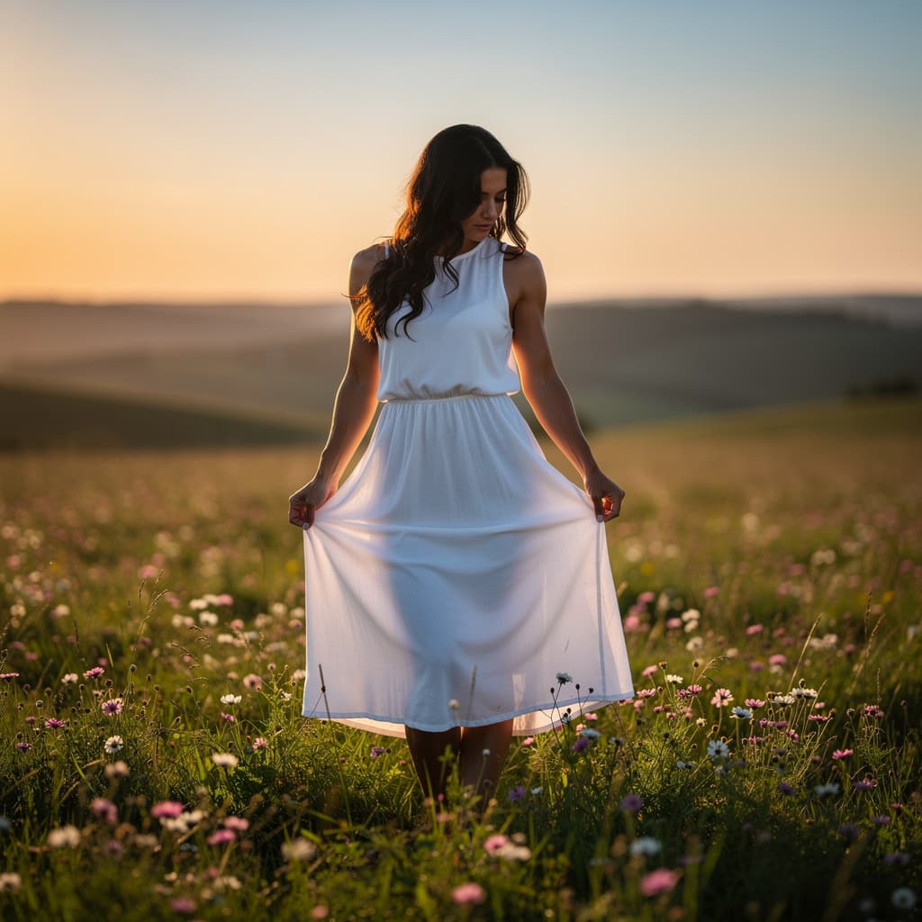 AI generated: A fit adult woman in a white sleeveless dress stands amidst a lush green field dotted with pink and ...