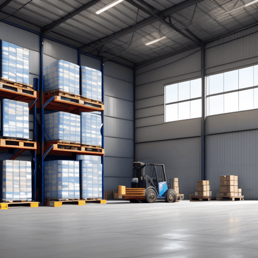 AI generated: The image of a warehouse seen from a distant distance. Where there are multiple elevated racks with ...