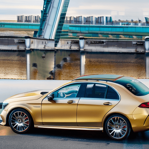 AI generated: high resolution, one car mercedes with gold color, full size, in center of photo, model e63s amg, ye...