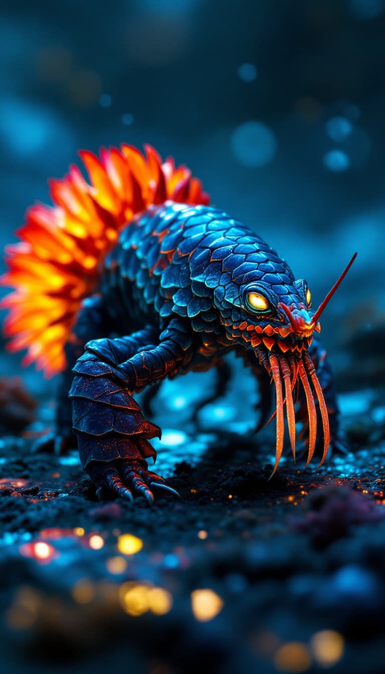 AI generated: A fascinating hybrid of a Pangolin and a Mantis Shrimp, set against the atmospheric, dimly lit Indon...