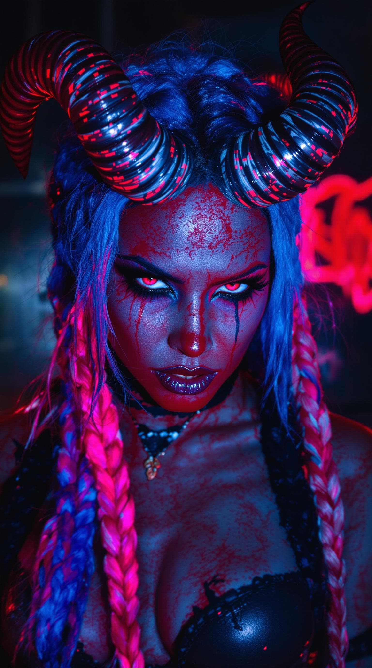 AI generated: demoness, succubus, sexx demon, a portrait of an evil demon woman with blue and pink braided hair, s...