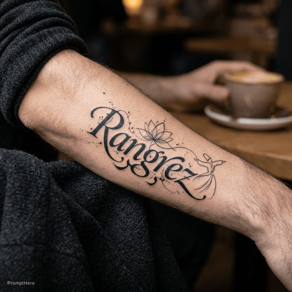 AI generated: A highly aesthetic typographic tattoo design of the word "Rangrez". The lettering should be a fusion...
