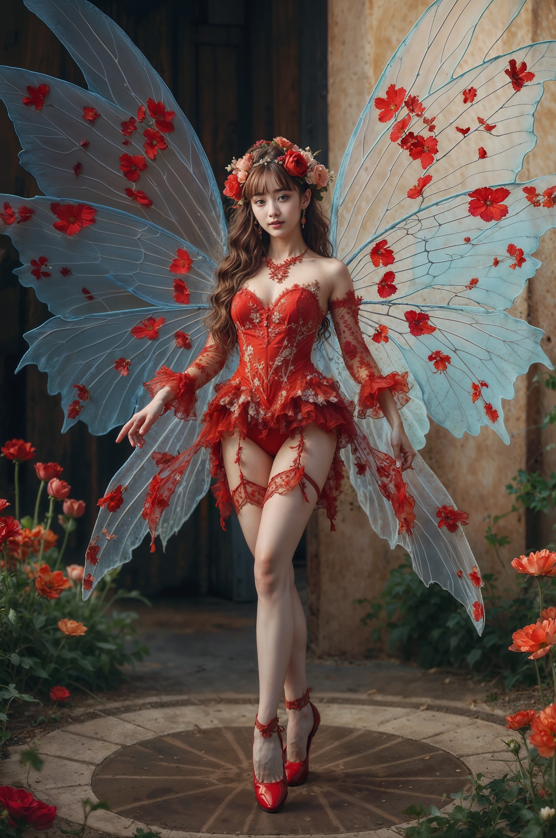 AI generated: (1woman), solo, looking_at_viewer, (full_body:1.5),(standing:1), (red Flower pattern leotard:1.1),(F...