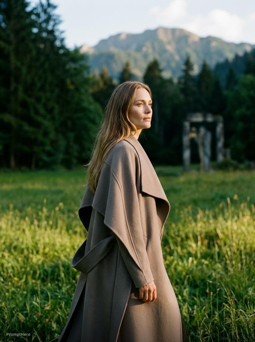 AI generated: a woman walking through a lush green field, vogue fashion photo, brown tuffle coat, beautiful swedis...