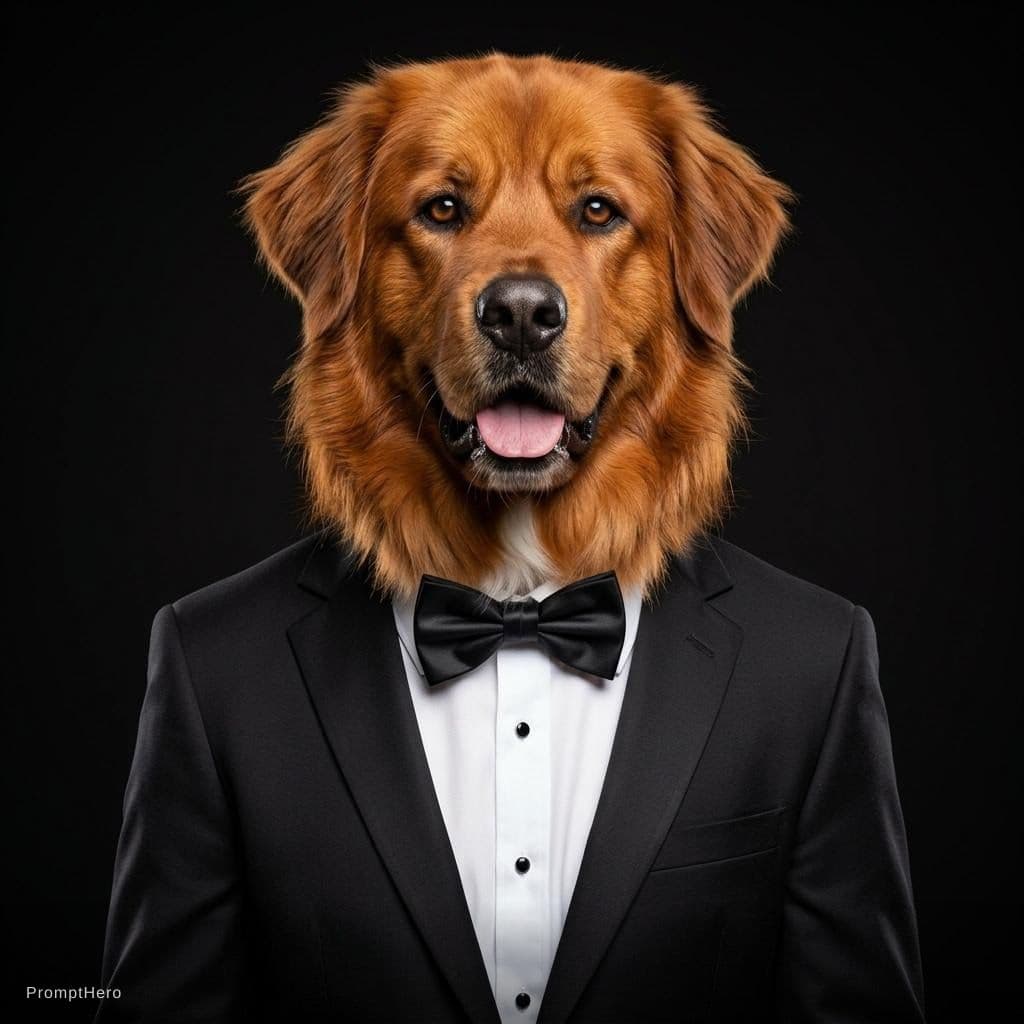 AI generated: Give the dog a black tie suit and remove the human arm