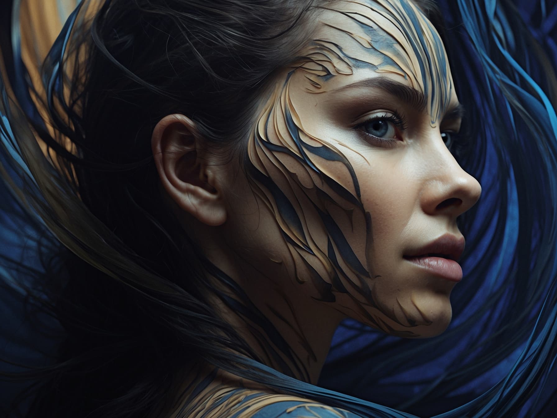 AI generated: a woman's face is painted with blue feathers, an airbrush painting by Christian W. Staudinger, behan...