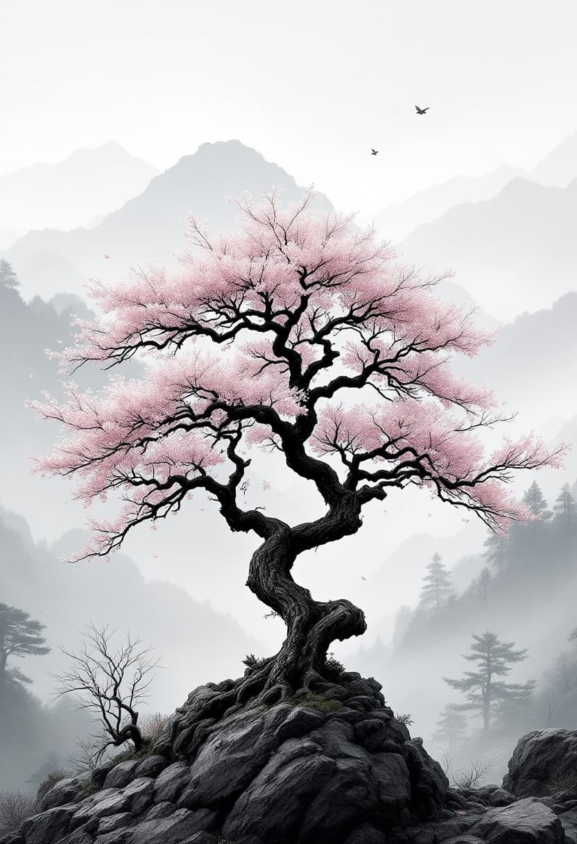 AI generated: Traditional Japanese cherry tree with a naturally twisted trunk and realistic branch structure. The ...