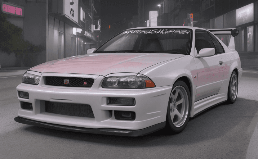 AI generated: white Nissan Skyline R33 GTST with M-sport kit with neon light accents, cinematic view, pinkish red ...