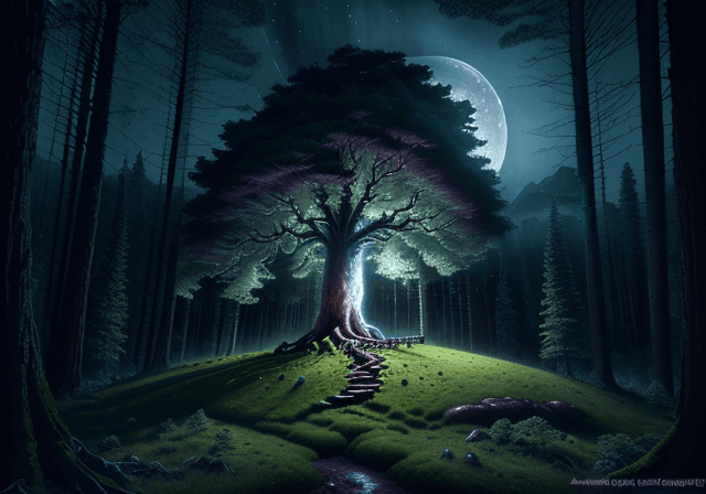 AI generated: giant tree on a hill emitting moonlight, ultra hd, forest background,  realistic, vivid colors, high...