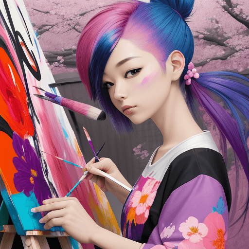 AI generated: A vibrant painter creating an abstract masterpiece, with colorful hair, Longshot, in the style of Ka...