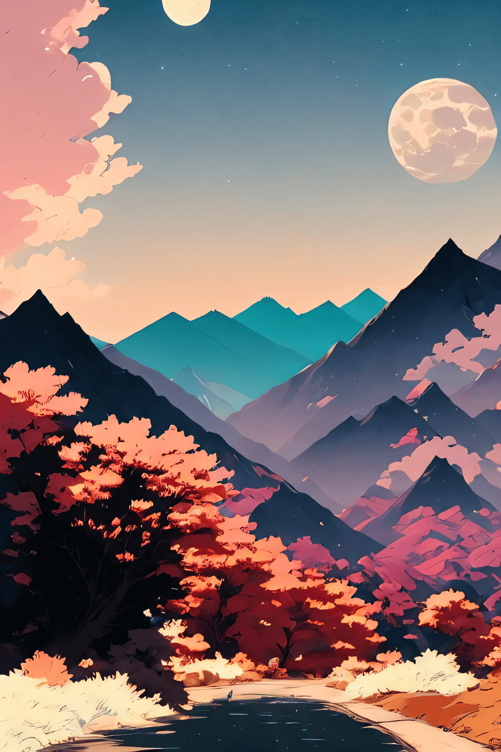 AI generated: (PiroxiumDiffusion style:0.5), Mountains with moon in the background, beautiful forest, godlike, bea...