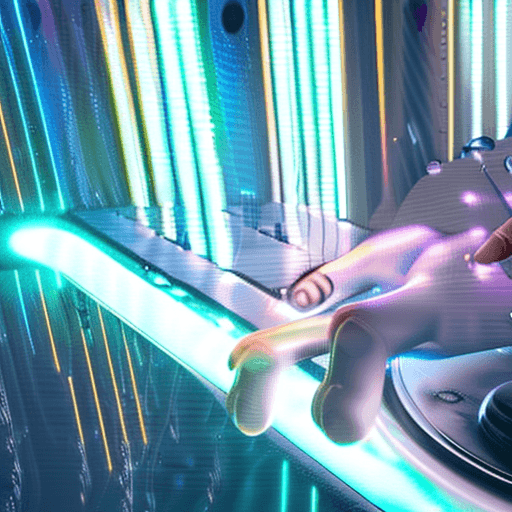 AI generated: conceptual 3D render bioluminescence man with artificial intelligence playing at the DJ console supe...