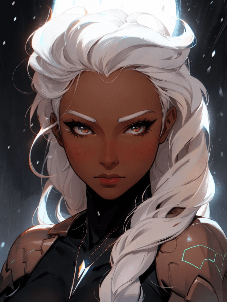 AI generated: a close up of a woman with long white hair, inspired by rossdraws, tumblr, with brown skin, panel of...