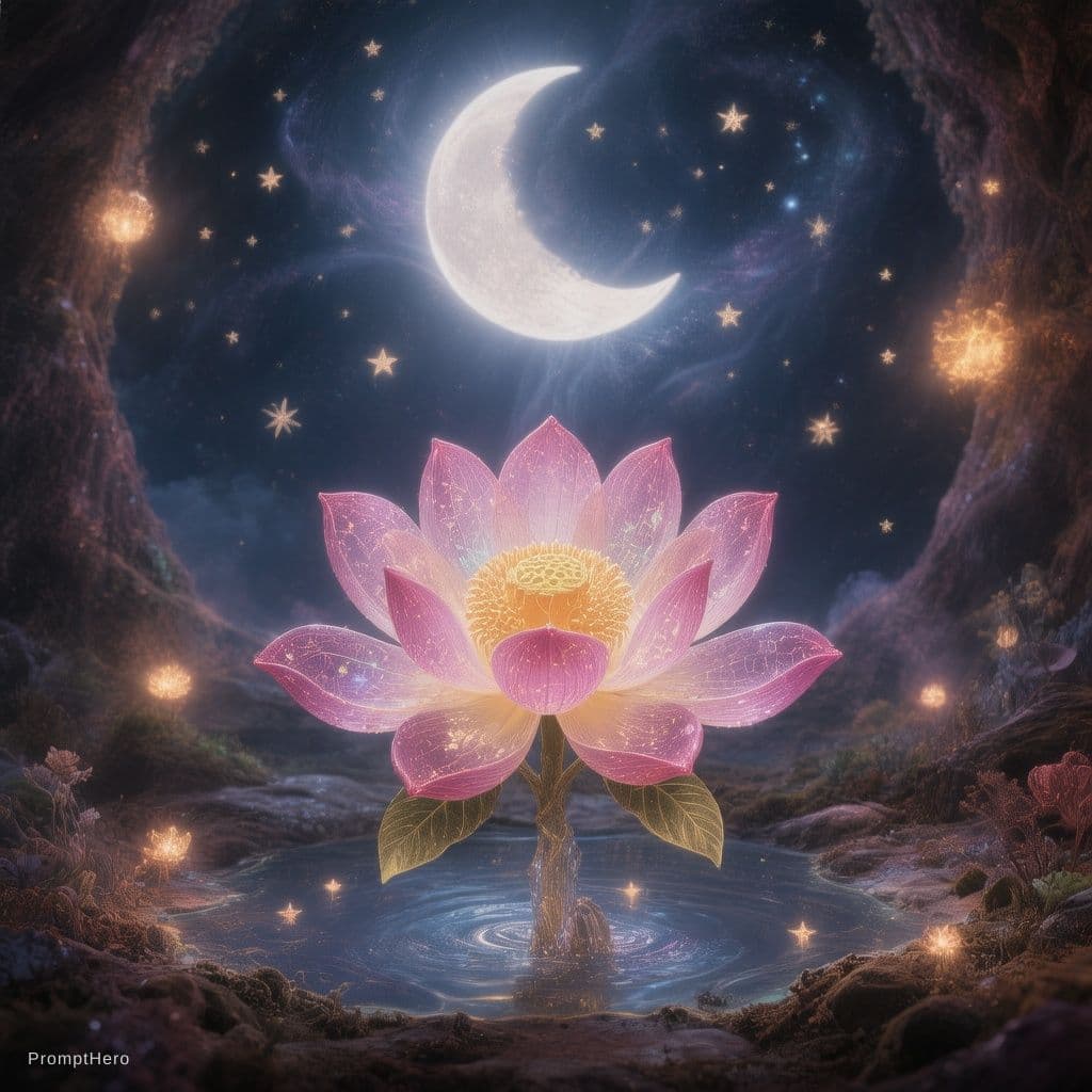 AI generated: sacred alignment, insightful, interior healing card, moon, stars, lotus flower