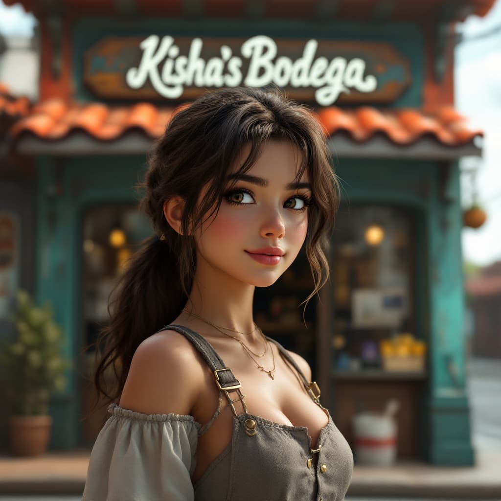AI generated: Young, Latina female with brown hair in a pony tail, standing in front of spanish style bodega. It s...