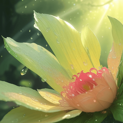 AI generated: Dew drops on petals, Morning sunbeams gently warm, Nature's beauty shines |dynamic pose|centered|key...