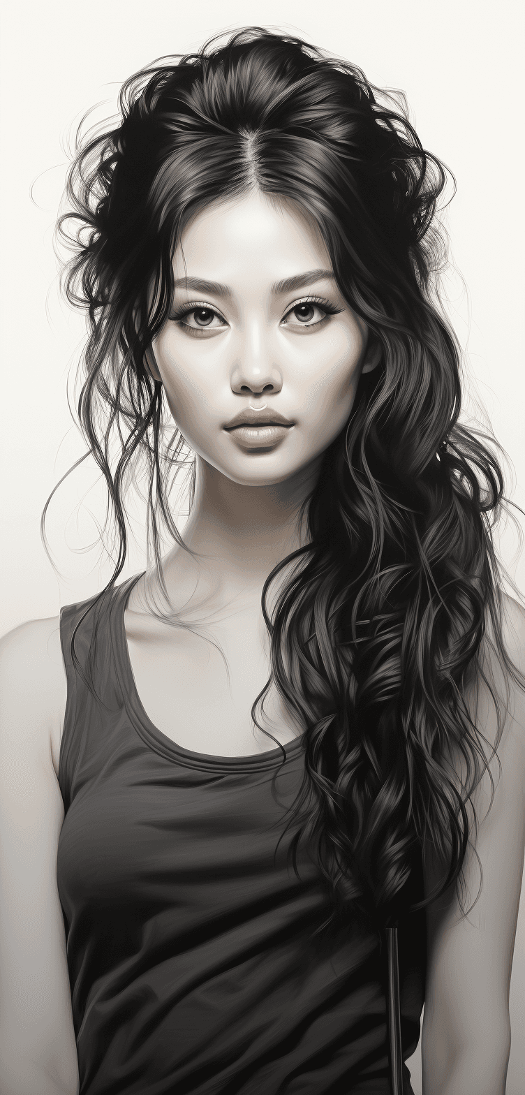 AI generated: Realistic Black and white sketch of a beautiful Korean woman, white background, --ar 61:128 --s 750 ...