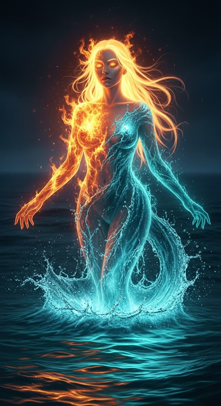 AI generated: A mythical elemental goddess emerging from dark ocean waters at night, half fire and half water. Her...