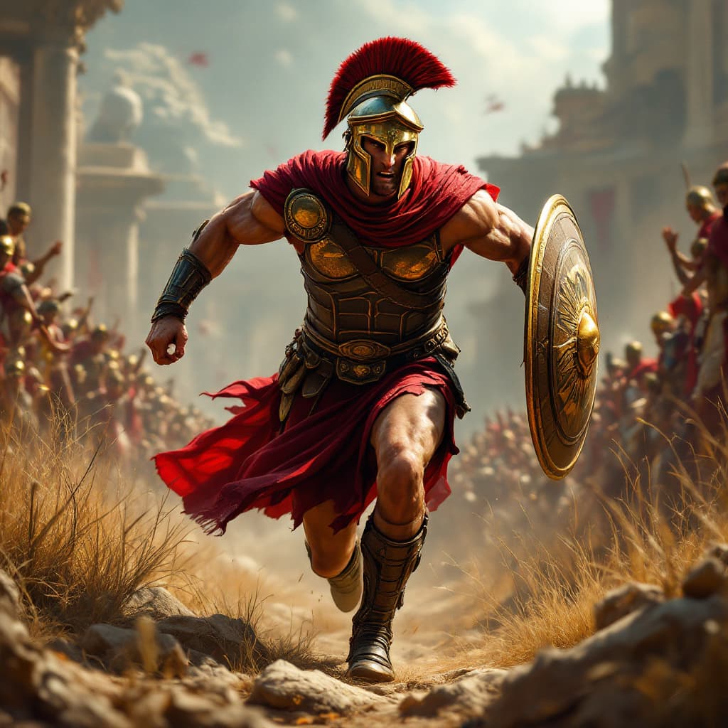 AI generated: a spartan in full battle gear running in the field, in the style of crimson and bronze, detailed cro...