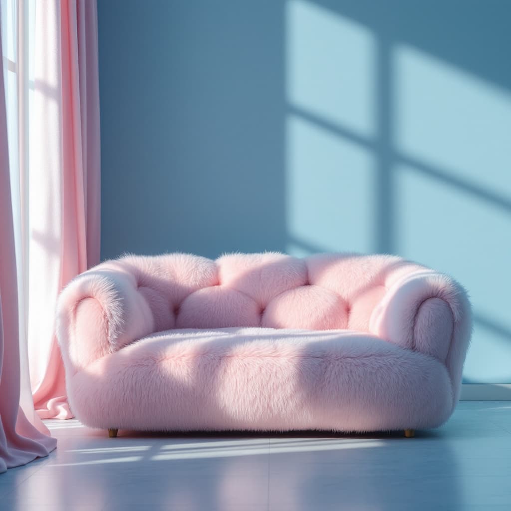 AI generated: productive photography, front view, small fluffy couch, inspired by cloud, blue and pink, material d...