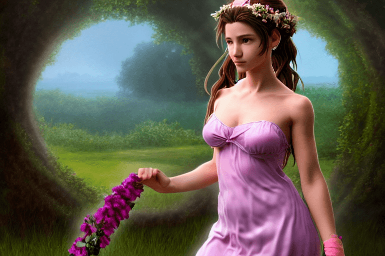 AI generated: Aerith Gainsborough as Greek goddess Aphrodite, portrait, realistic, moody, atmospheric, full body a...