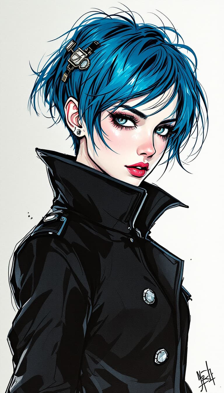 AI generated: A steampunk era ink illustration with messy lines and ink bleed. A woman with short, vibrant blue ha...