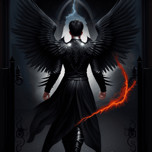 AI generated: male dark angel with flaming wings on the back opens a gate between worlds and light comes into dark...