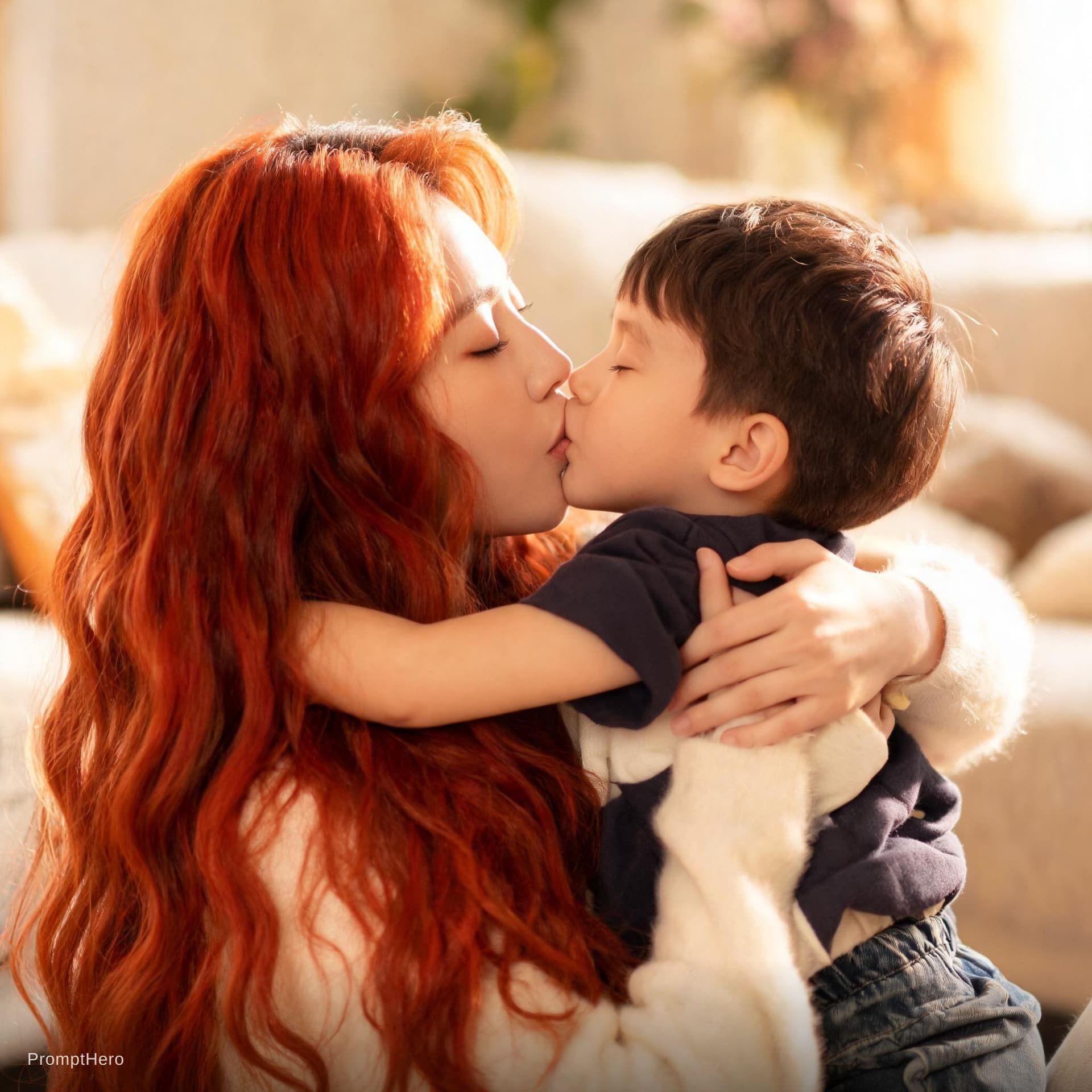 AI generated: A  woman with long red hair holds a little boy in her arms and gives him a long kiss