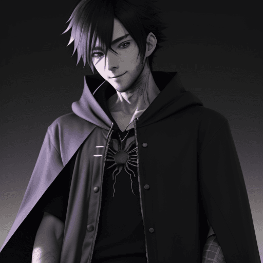 AI generated: anime boy 25 y.old ,back hair,He puts his hand in his pocket ,and he looks like with killer looks an...