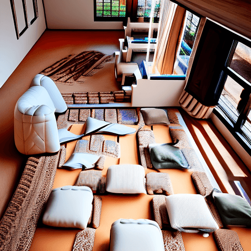 AI generated: High resolution photography interior design, dreamy sunken living room conversation pit, wooden floo...