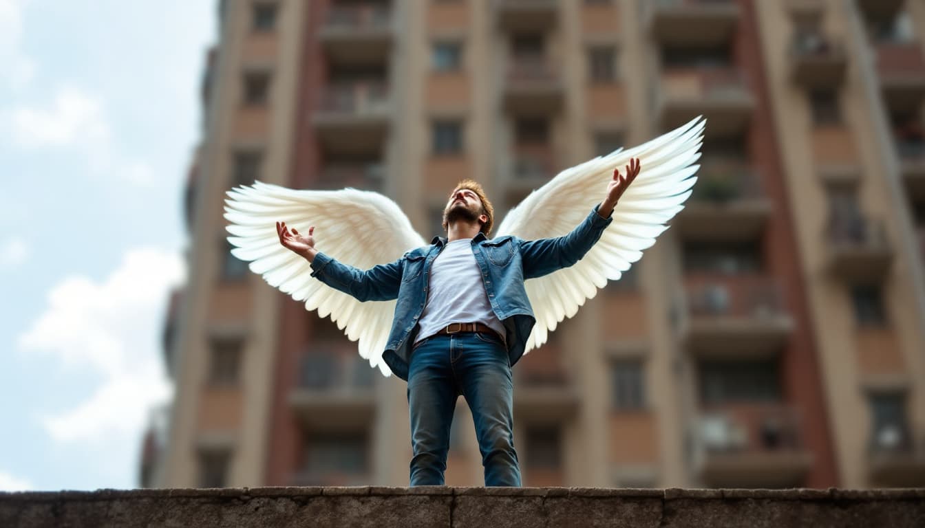 AI generated: a guy in jeans, standing on the edge of a multi-story building's ledge, angel wings behind him. his ...