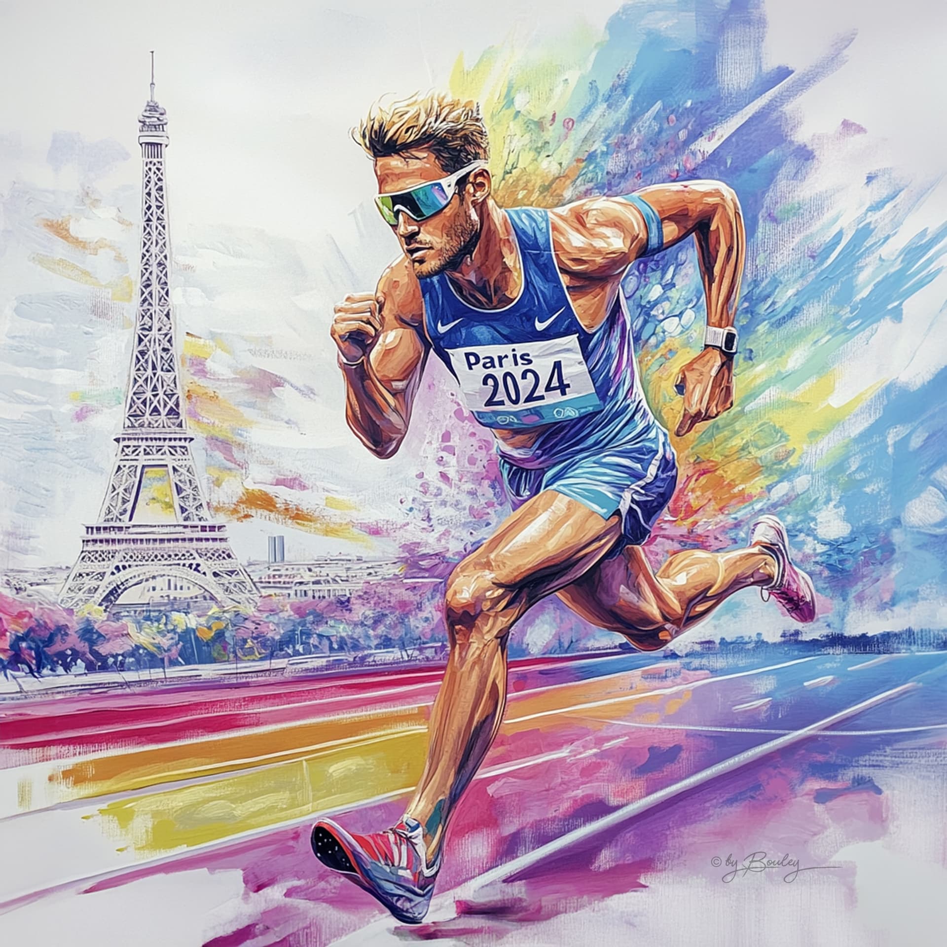 AI generated: A vibrant and detailed airbrushed painting of an Olympic runner, in the style of Greg Rutkowski, ado...