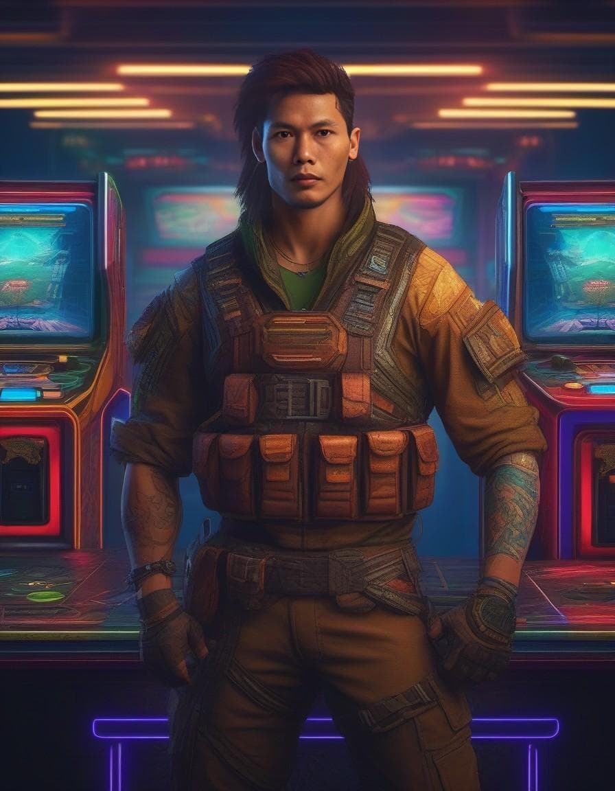 AI generated: Retro arcade style {portrait of rugged masculine cyberpunk elf in combat suit from Shadowrun, intric...