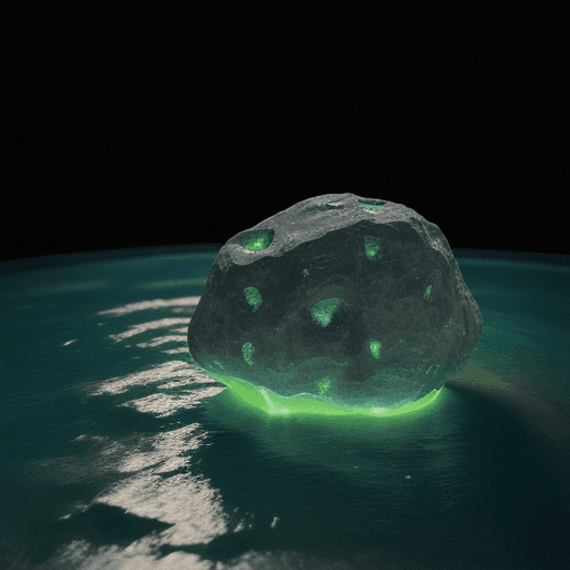 AI generated: Big meteorite rock inside the water, glowing green ultra-realistic, 8k image 
