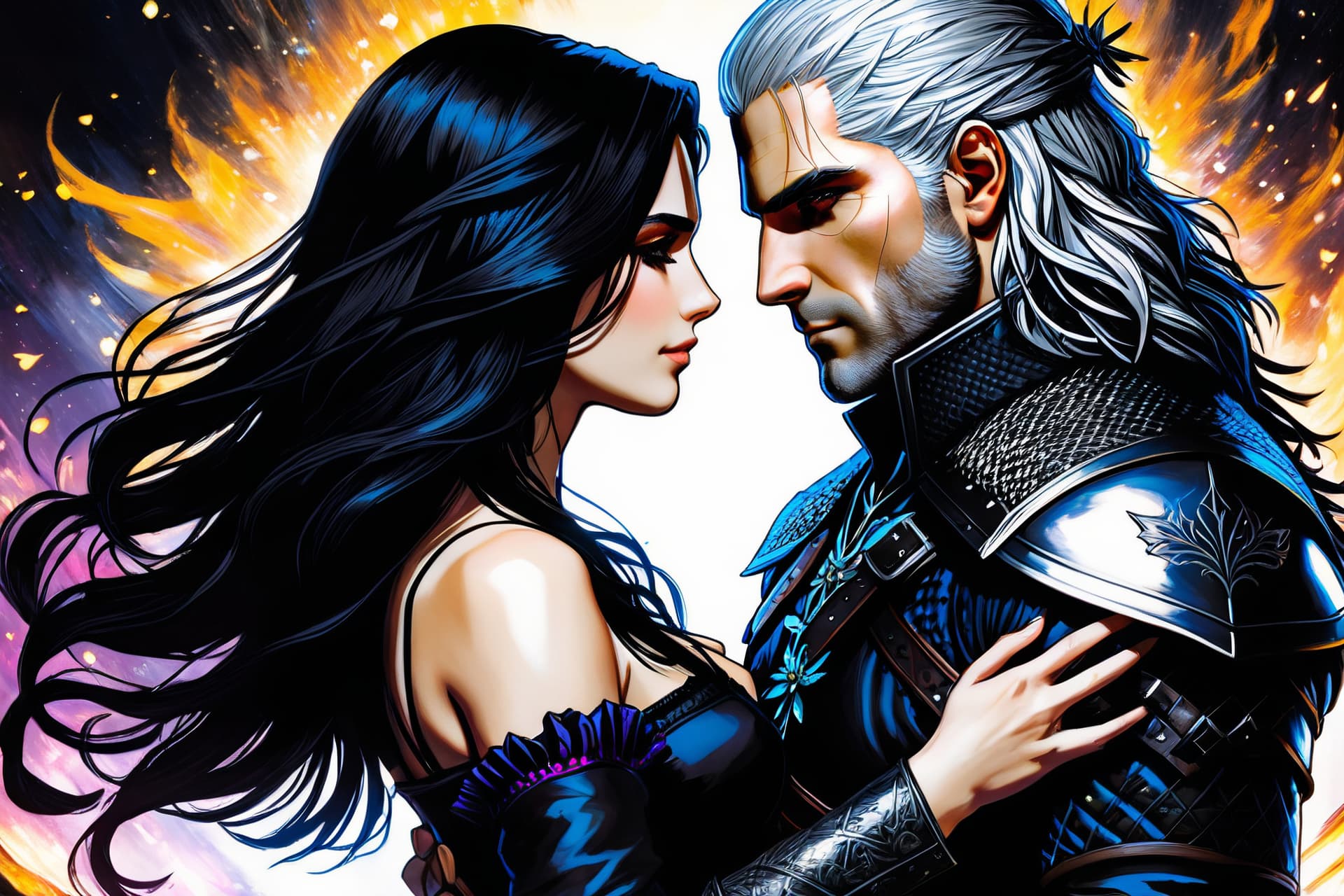 AI generated: masterpiece,best quality, manga style Geralt and Yennefer from The Witcher 3 game, Geralt holding Ye...