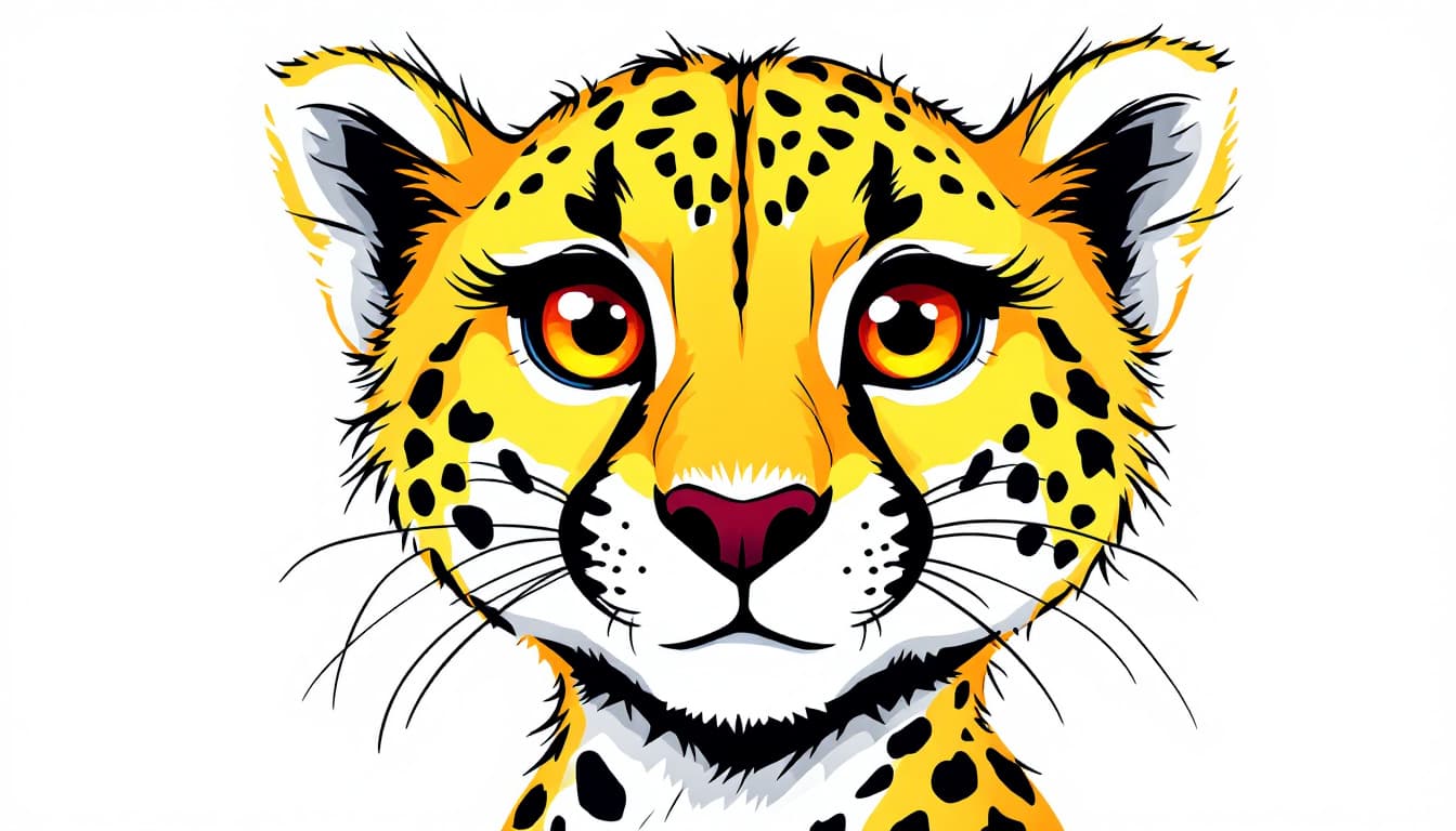 AI generated: illustration, vector cartoon-style, cute cheetah's face, zoom in, expressive eyes and a playful deme...