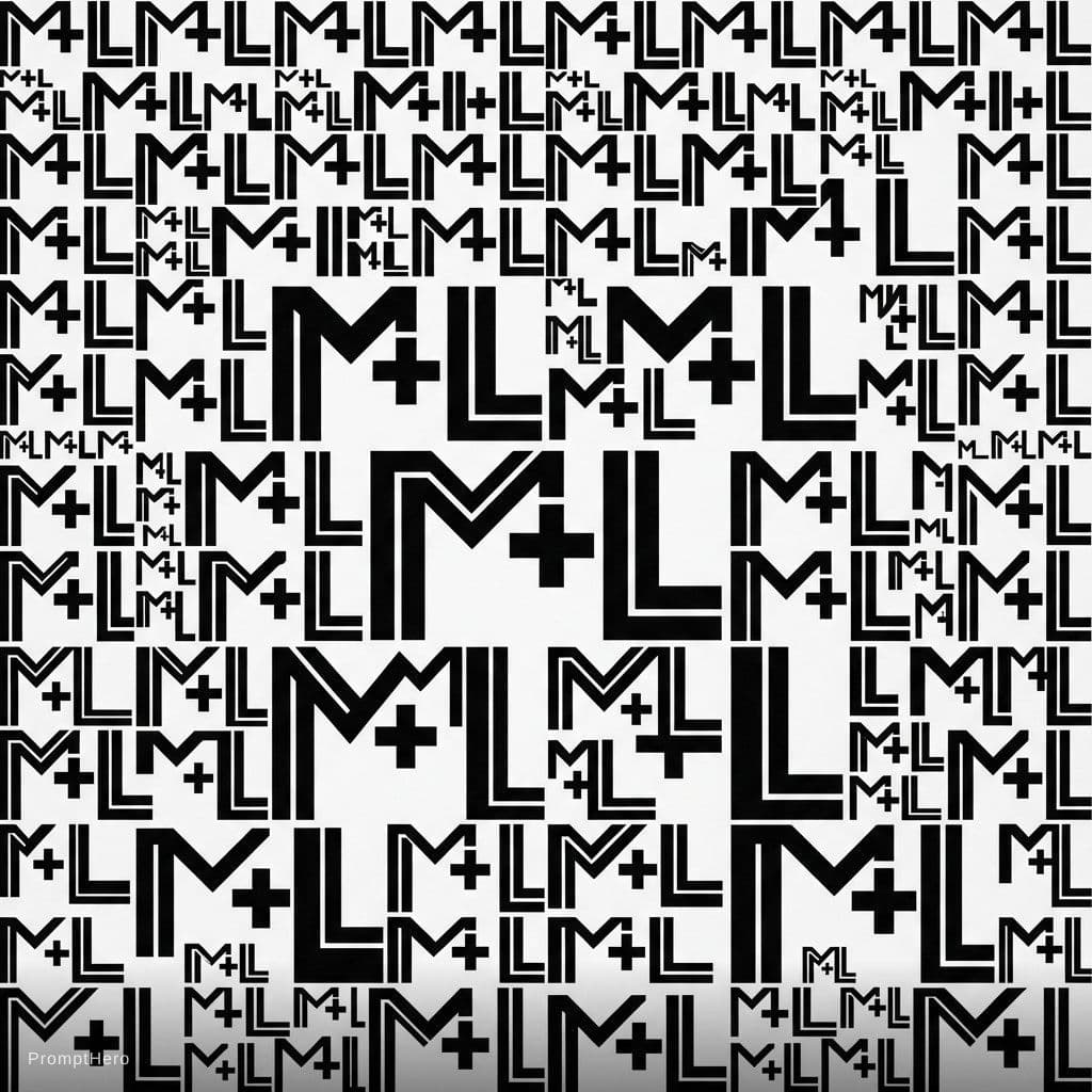 AI generated: create a pattern the text "M+L" in black on white. The pattern should fit exactly into itself on eve...