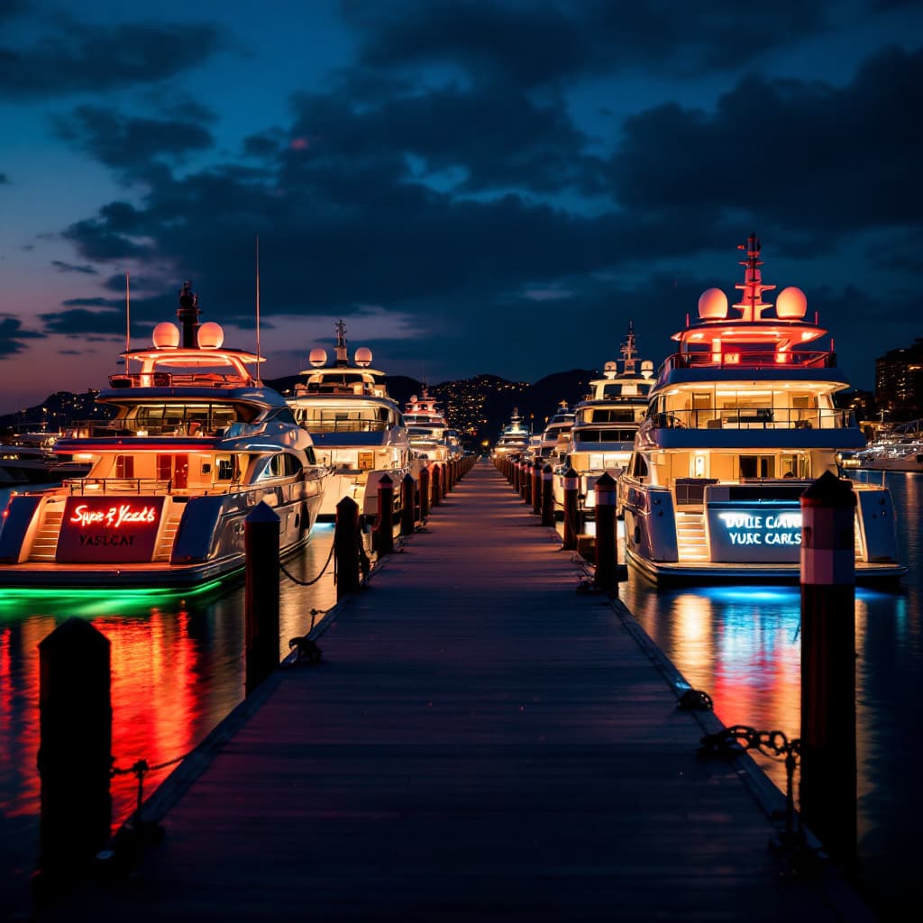 AI generated: a close up standing on a dock view  of several super yachts backed into slips at night with all of t...